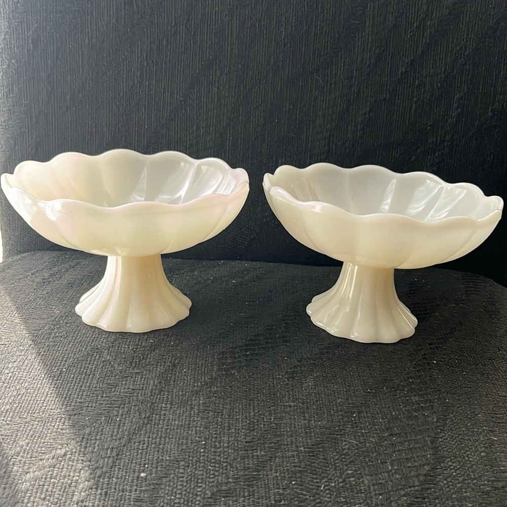 White Milk Glass Compote Bowls or Candy Dishes w/ Scallop Pattern - Set of 2